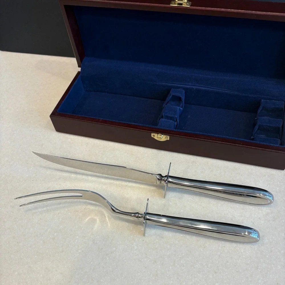 Hampton Silversmiths Stainless Steel Carving Knife‎ & Fork Set Wood Storage Box